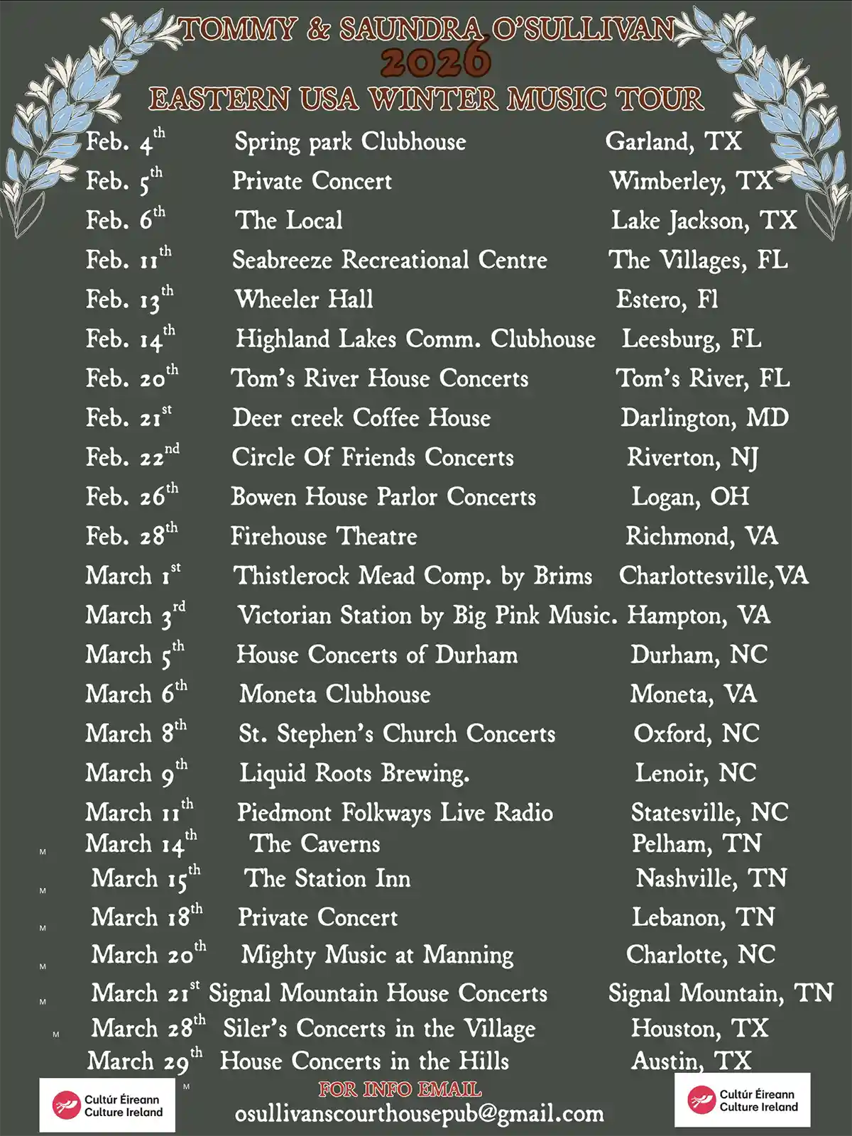 This is an image containing dates and information for the Tommy & Saundra O'Sullivan 2026 Eastern USA Winter Music Tour.
